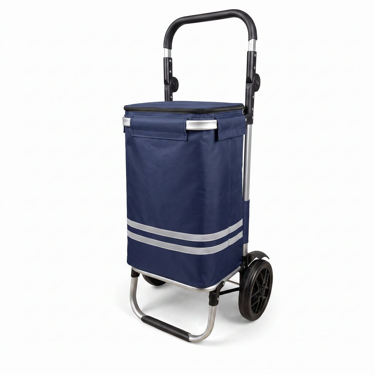 Ezzyrol 74L 2-wheel folding shopping trolley in navy, upright with the handle extended