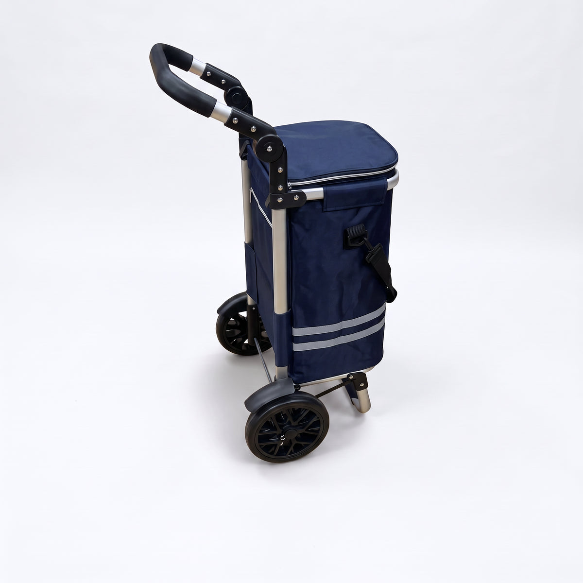 Ezzyrol 74L 2-wheel folding shopping trolley in navy, angled from behind showing the two large spoked wheels