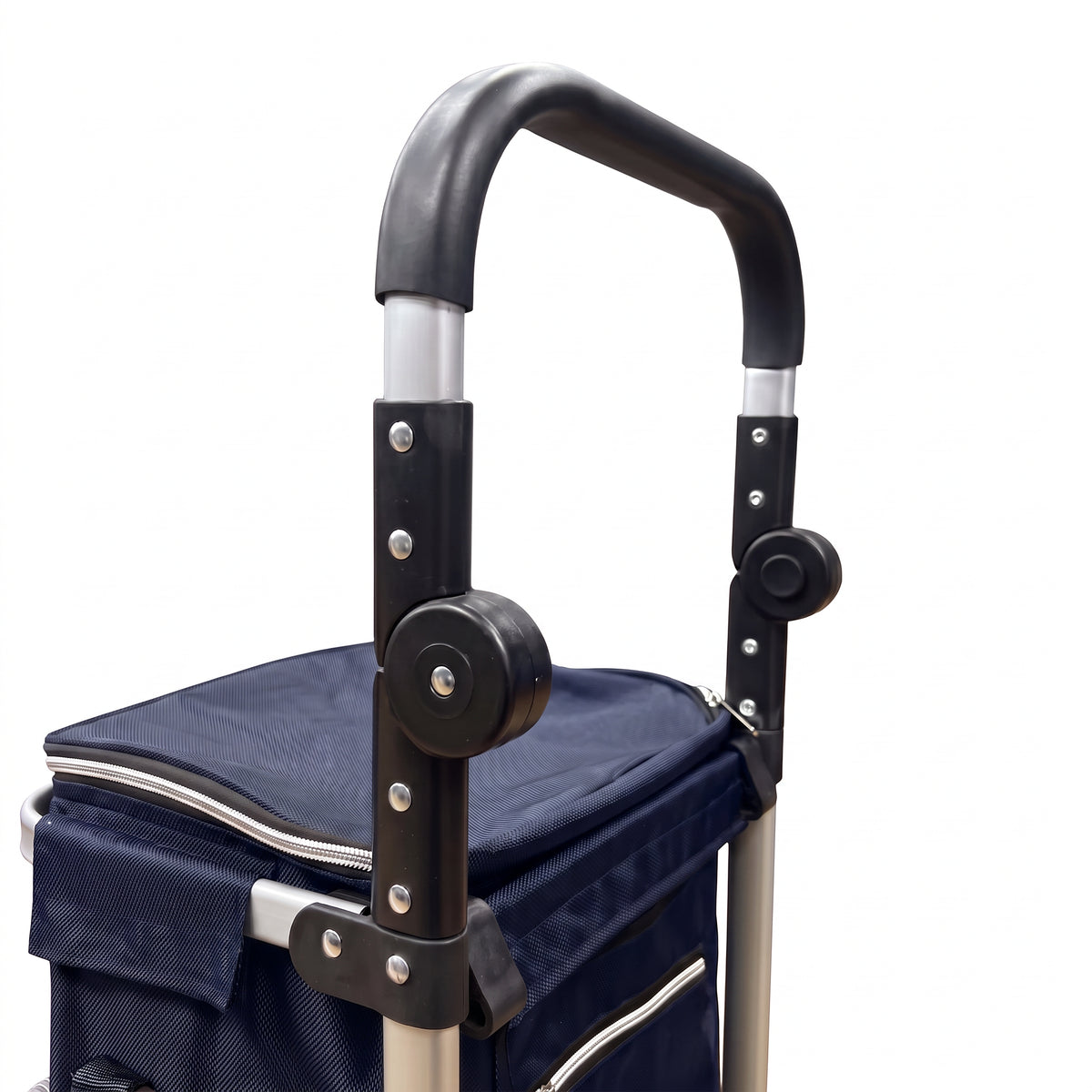 Close-up of the padded grip and height adjustment clamps on the navy Ezzyrol 74L trolley