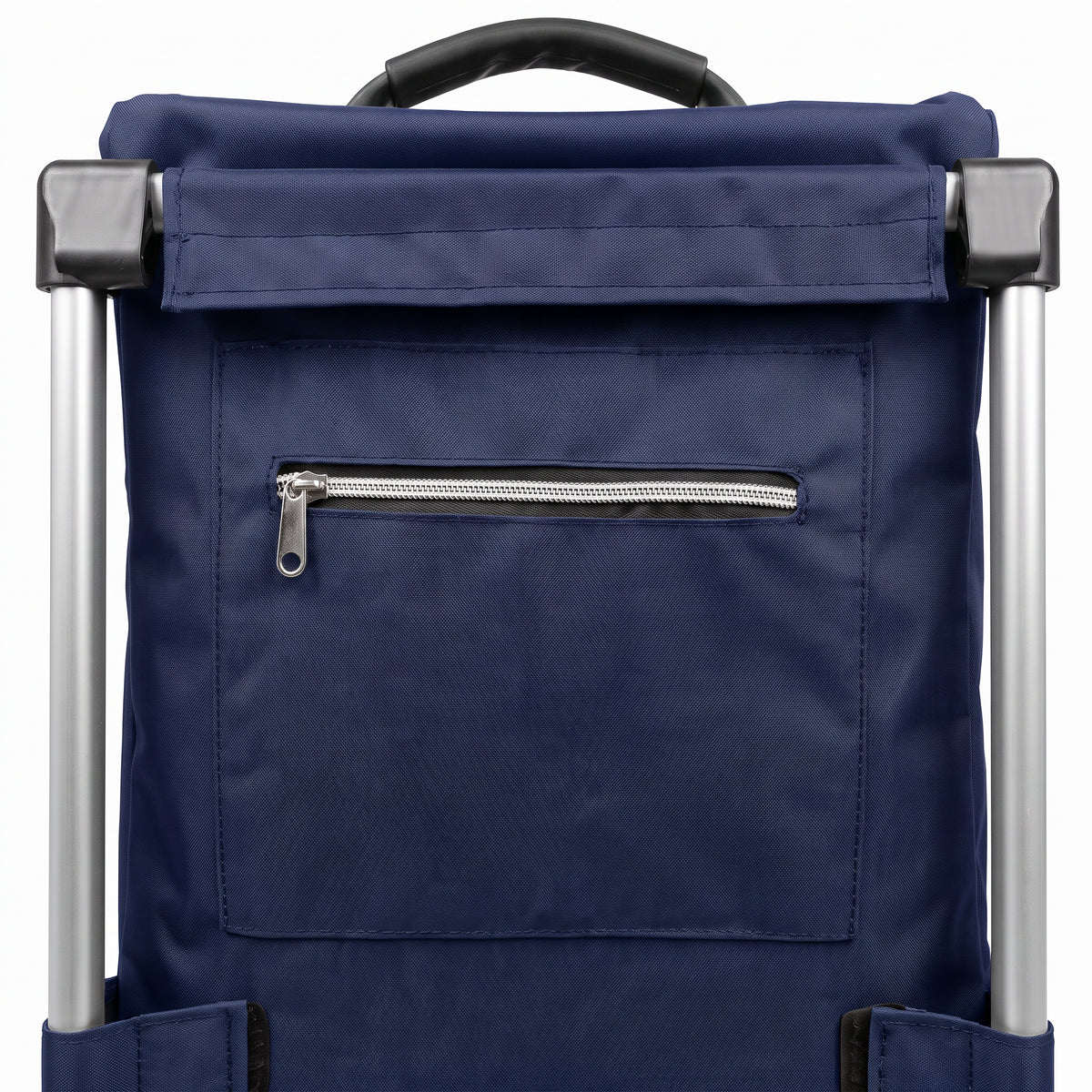 Zipped rear pocket and top carry handle on the navy Ezzyrol 74L shopping trolley