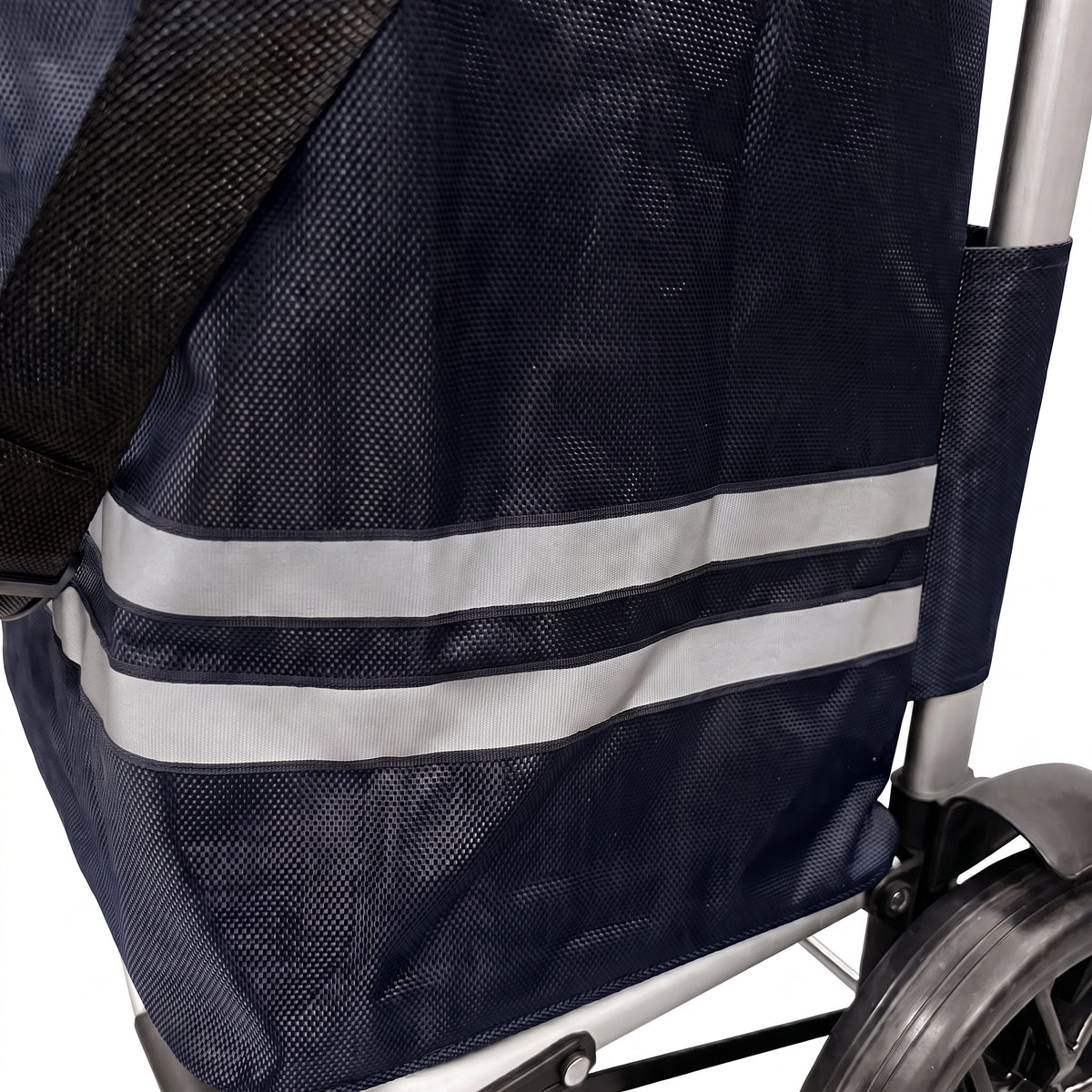 Close-up of the reflective stripes and mesh side panel on the navy Ezzyrol trolley