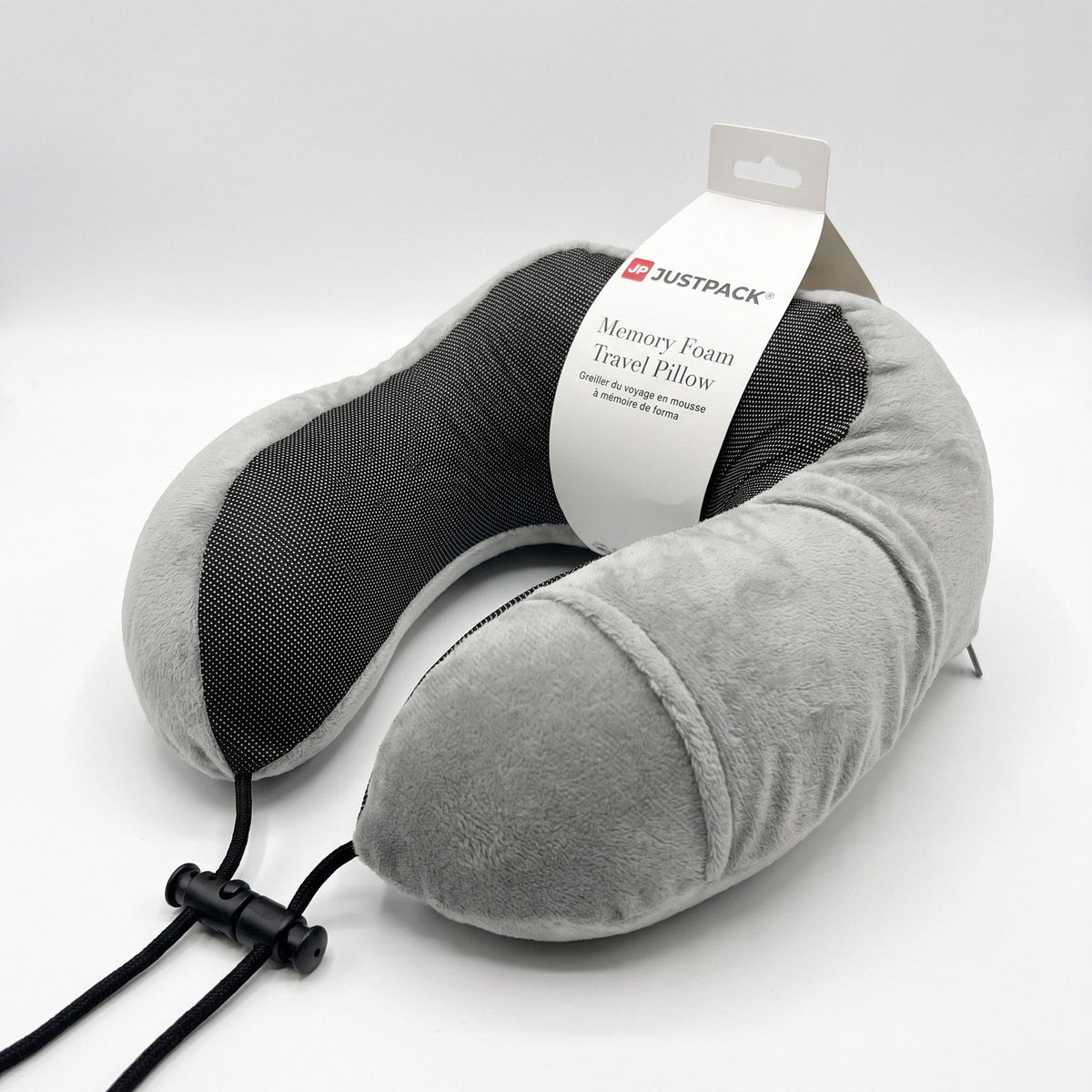 JUSTPACK Drift travel neck pillow in light grey, three quarter view