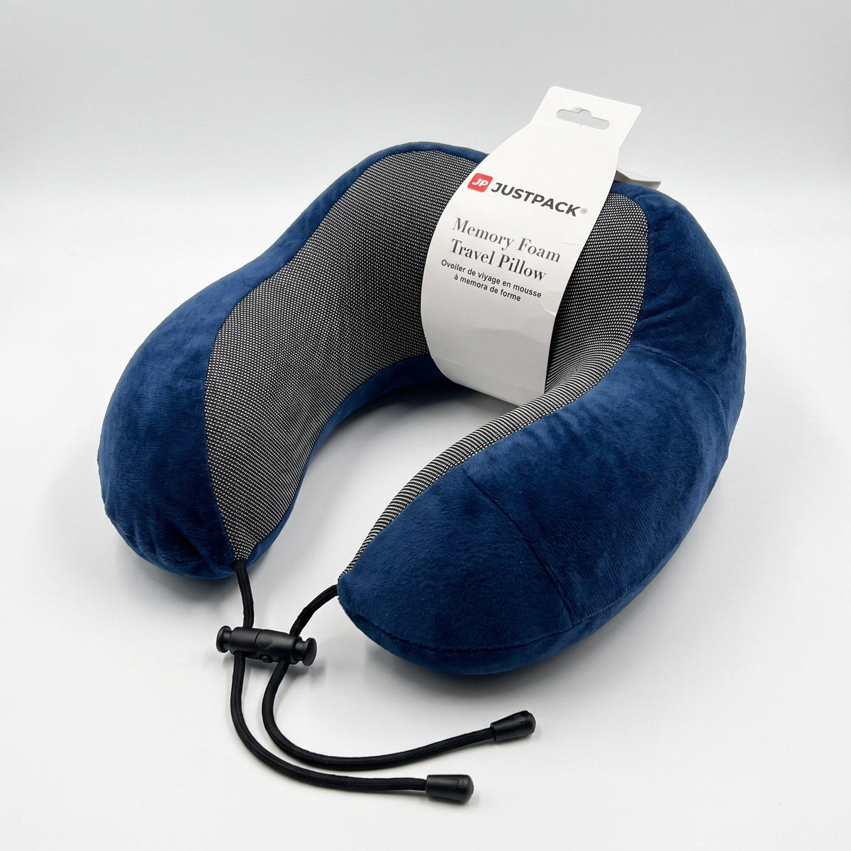 JUSTPACK Drift travel neck pillow in navy blue, three quarter view