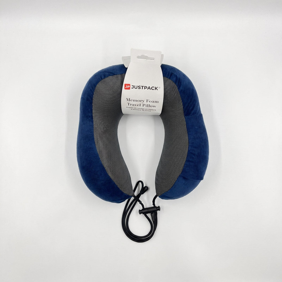 JUSTPACK Drift travel neck pillow in navy blue, top down flat lay
