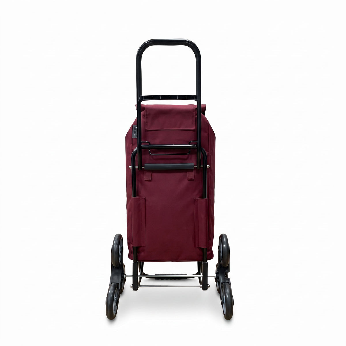 Ezzyrol 74L 6-wheel stair climber shopping trolley in red seen from behind, showing the folding frame