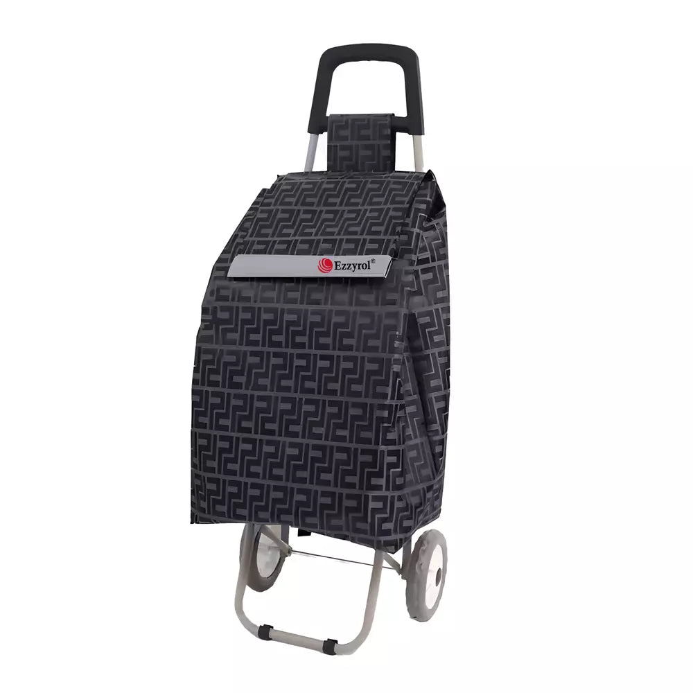 Ezzyrol 50L foldable shopping trolley in a charcoal geometric pattern, two wheels with a folding frame