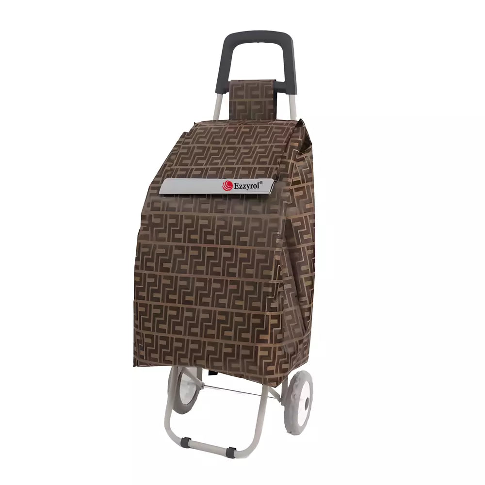 Ezzyrol 50L foldable shopping trolley in a brown geometric pattern, two wheels with a folding frame