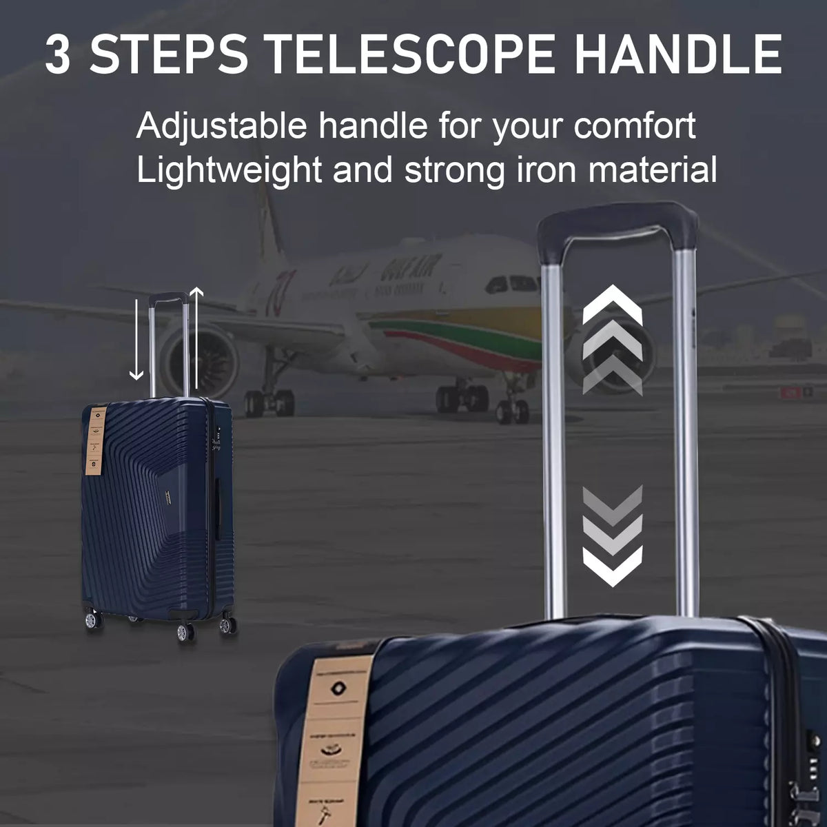 Telescopic handle panel for the ribbed hard shell suitcase, an adjustable handle in lightweight strong metal