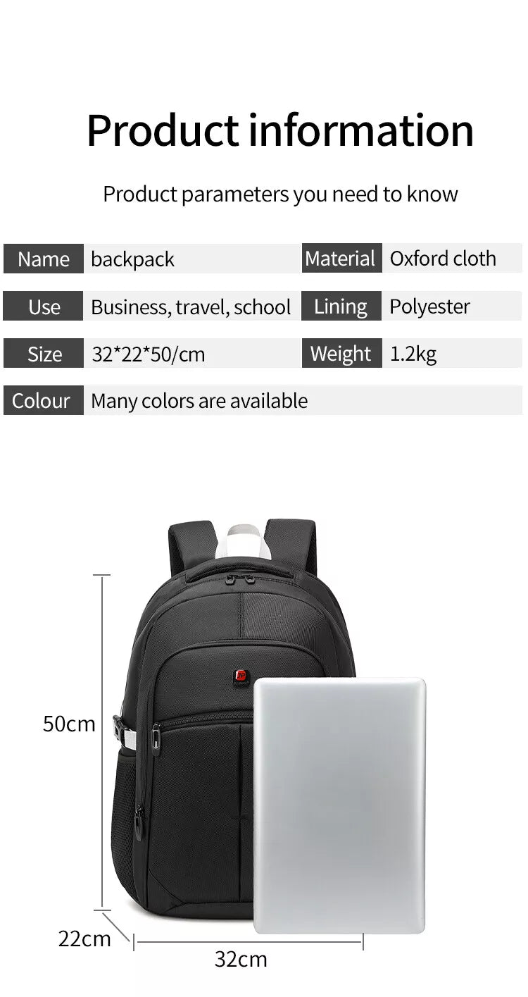 JustPack cabin backpack specification: 32 cm wide by 22 cm deep by 50 cm tall, 1.2 kg, Oxford cloth with a polyester lining