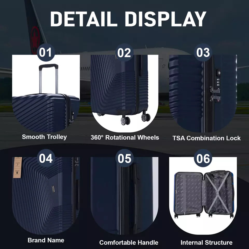 Detail panel for the ribbed hard shell suitcase: the trolley handle, the 360 degree wheels, the combination lock, the nameplate, the grab handle and the lined interior