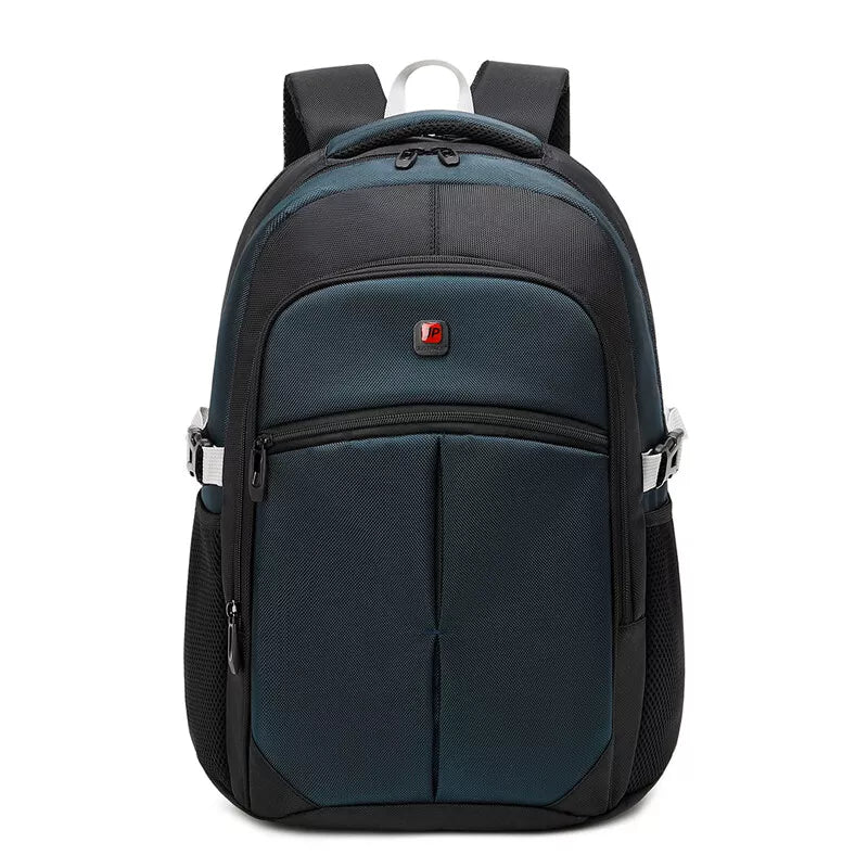 JustPack cabin flight backpack in teal blue and black, front view