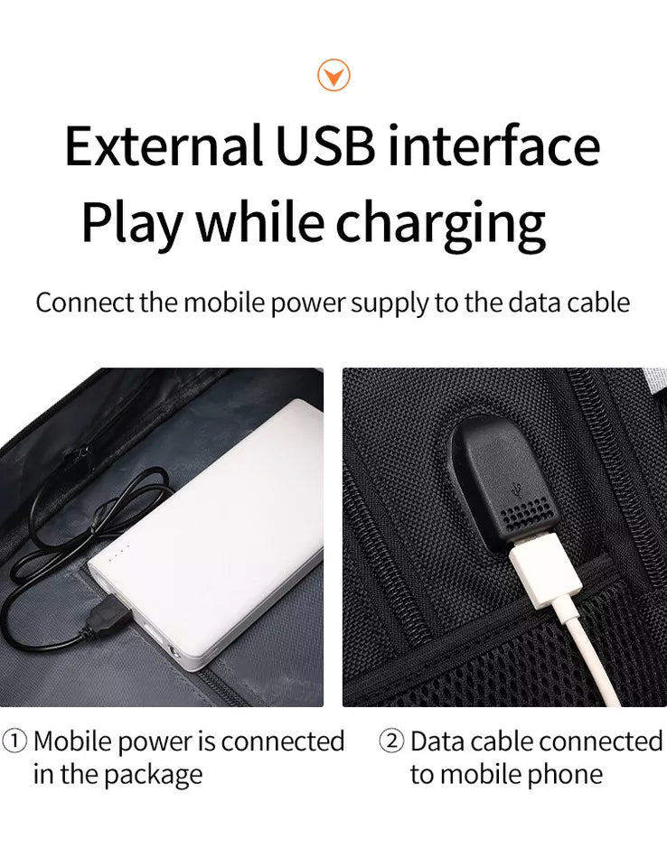 External USB port on the JustPack cabin backpack, with a power bank connected inside and the cable run out to a phone