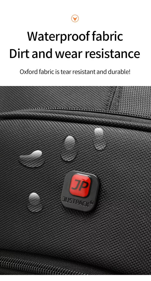 Water beading on the JustPack cabin backpack, made from tear resistant Oxford fabric