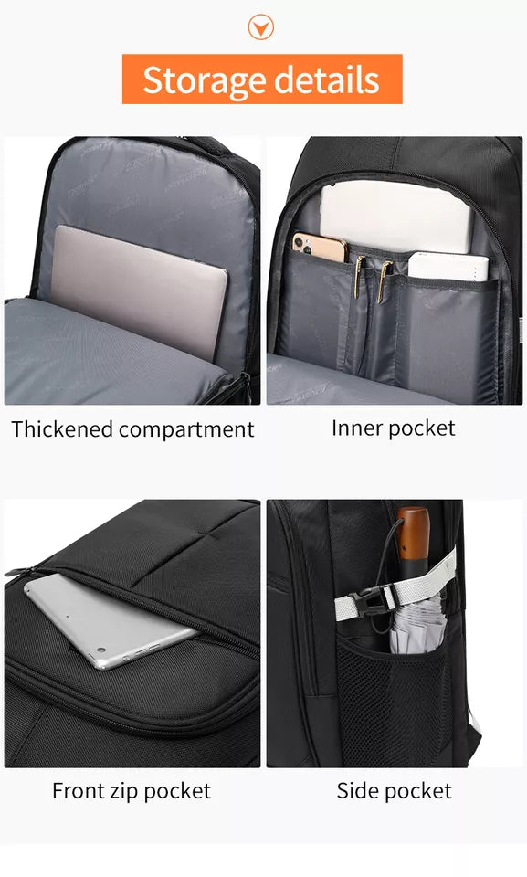 Storage details of the JustPack cabin backpack: a thickened laptop compartment, an inner pocket, a front zip pocket and a side pocket