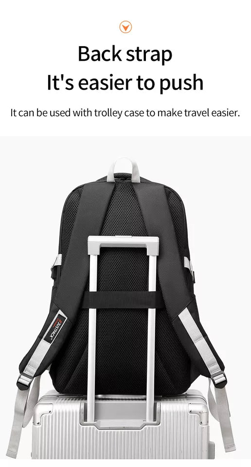 The rear strap of the JustPack cabin backpack slid over the handle of a wheeled suitcase