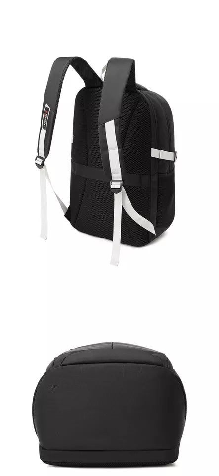 Back panel and base of the black JustPack cabin backpack