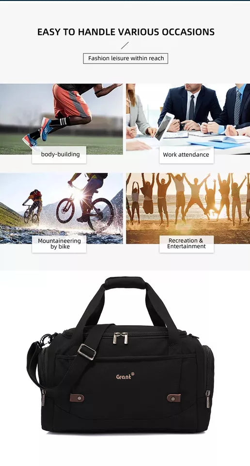 The Grant canvas holdall shown for the gym, for work, for cycling and for days out