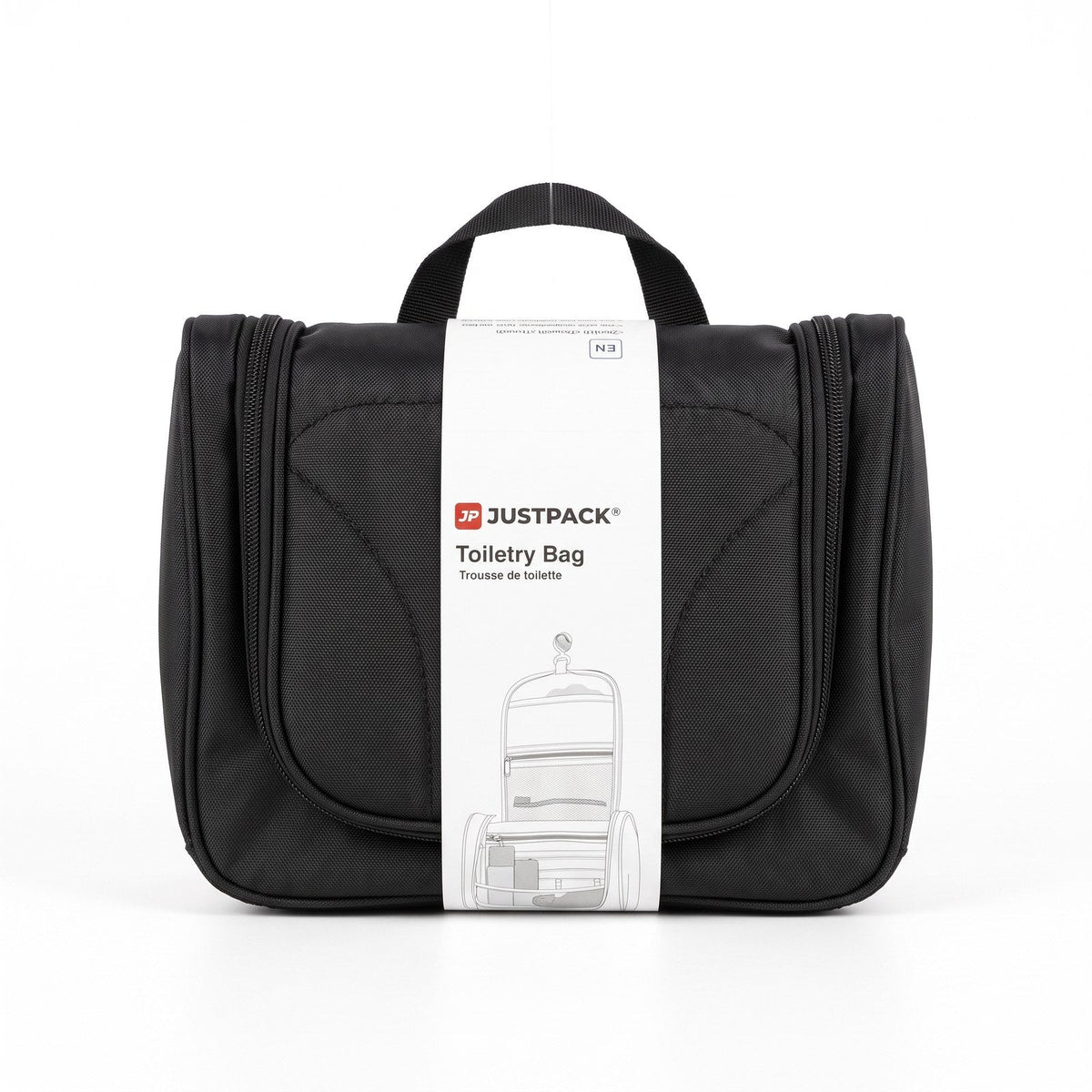 JUSTPACK Hook hanging toiletry bag, front view with packaging