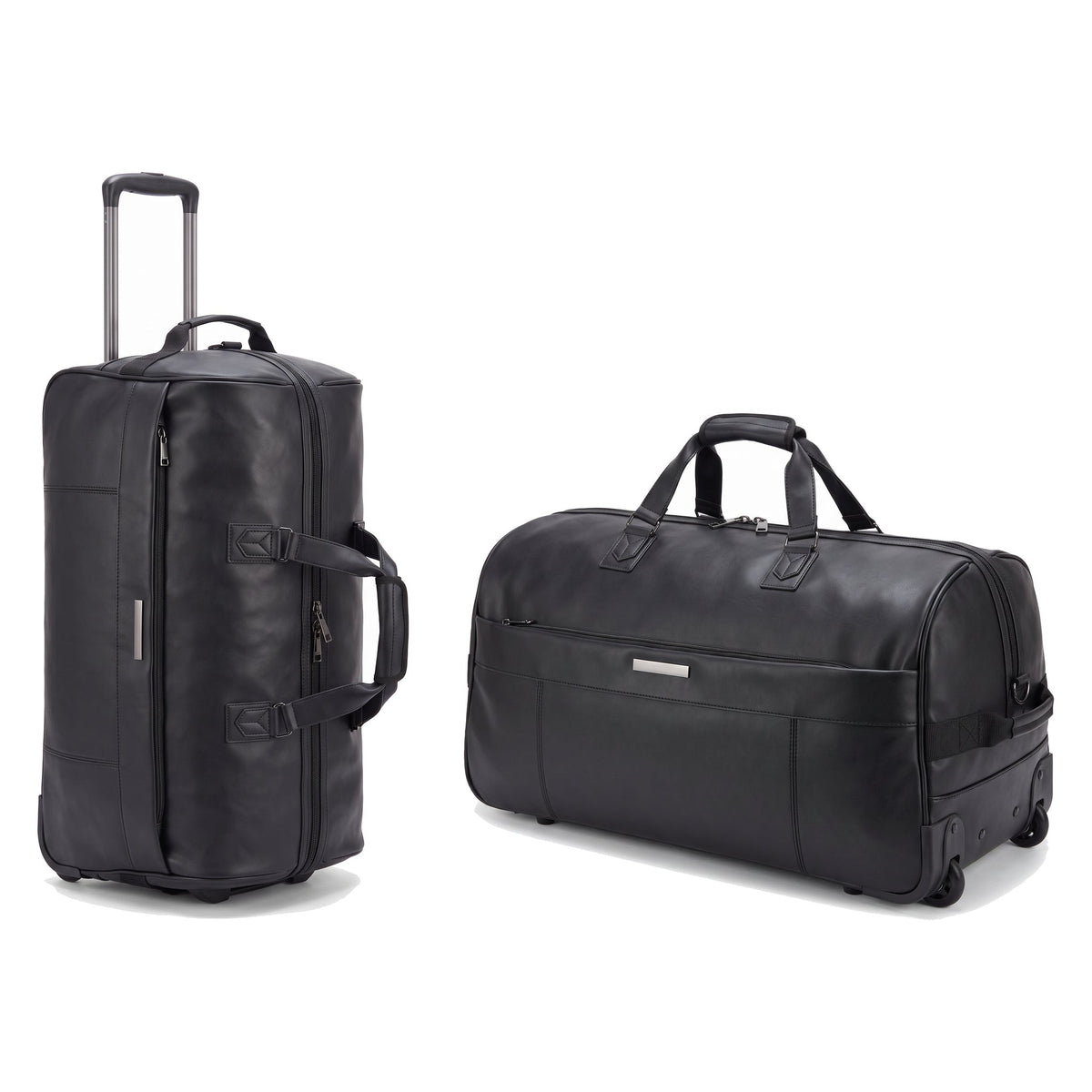 JUSTPACK Belgrave wheeled holdall in black faux leather, shown standing on its wheels with the trolley handle extended and lying at an angle