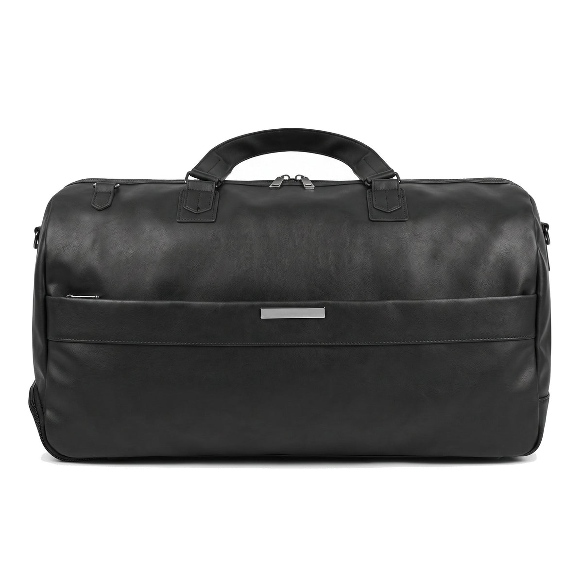JUSTPACK Belgrave wheeled holdall in black faux leather, front view showing the full width front zip pocket