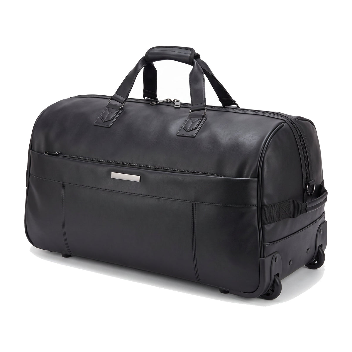 JUSTPACK Belgrave wheeled holdall in black faux leather, three quarter view with the two inline wheels visible at one end