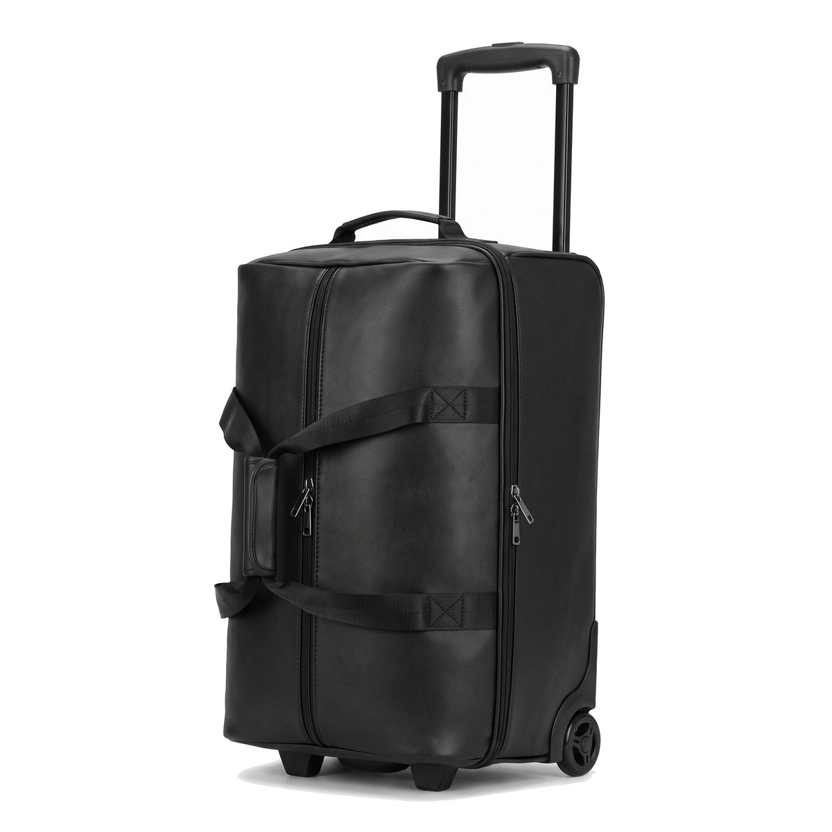 JUSTPACK Belgrave wheeled holdall in black faux leather standing upright on its wheels with the telescopic trolley handle extended