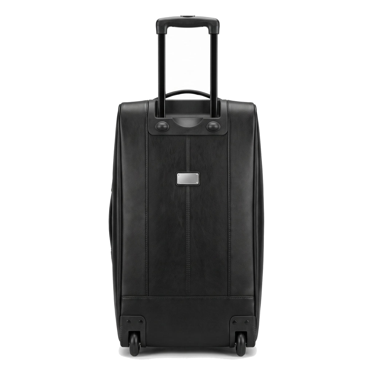 JUSTPACK Belgrave wheeled holdall in black faux leather from behind, showing the rigid back panel and the two recessed wheels