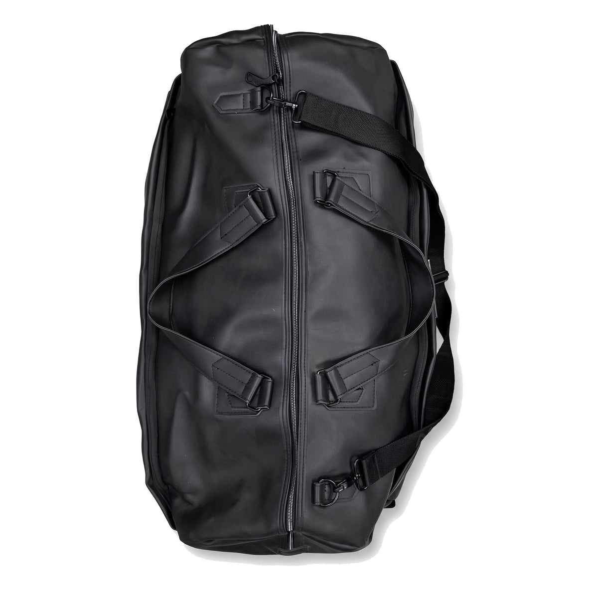 JUSTPACK Belgrave wheeled holdall in black faux leather from above, showing the full length twin slider zip