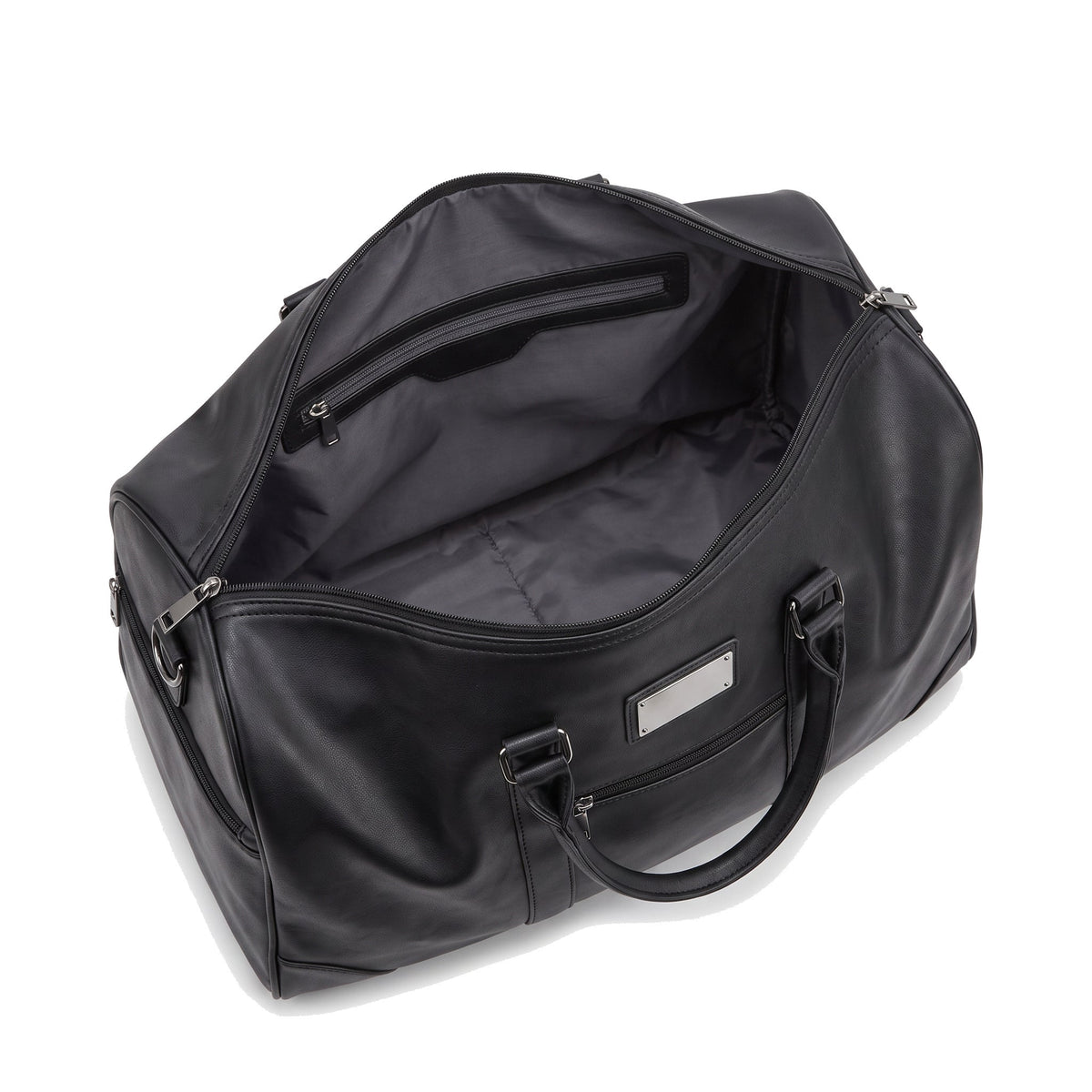 Inside the empty JUSTPACK Belgrave wheeled holdall in black faux leather, one large lined main compartment
