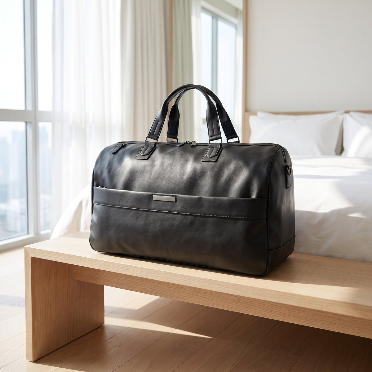 JUSTPACK Belgrave wheeled holdall in black faux leather on a luggage bench in a sunlit hotel room