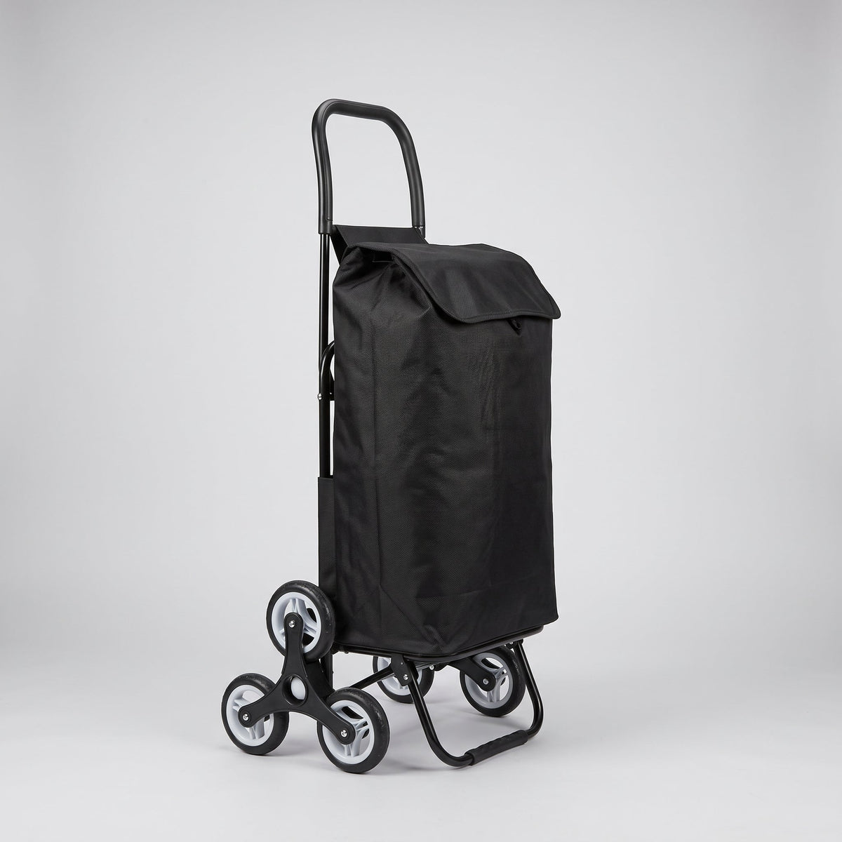 Ezzyrol 74L 6-wheel stair climber shopping trolley in black, angled view showing the three wheel climbing clusters