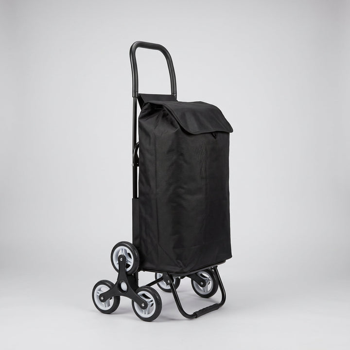 Ezzyrol 74L 6-wheel stair climber shopping trolley in black, angled view showing the three wheel climbing clusters