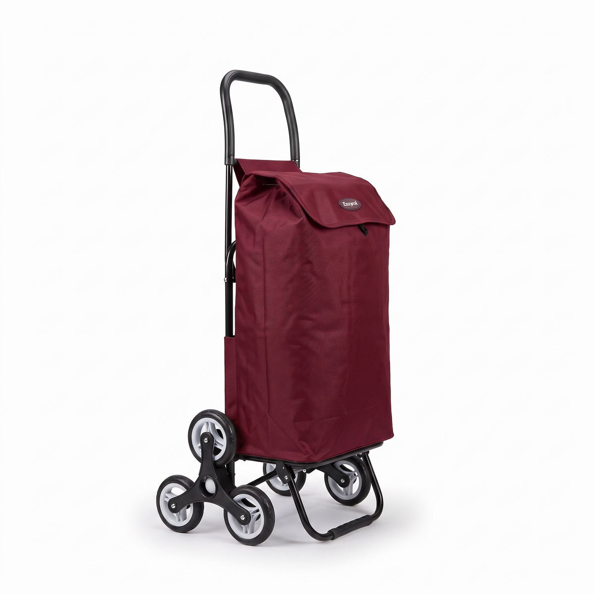 Ezzyrol 74L 6-wheel stair climber shopping trolley in red, angled view showing the three wheel climbing clusters